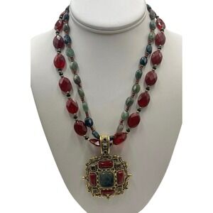 Robin Steele Green Two Strand Ornate Pendant Gemstone Intaglio Warrior Necklace